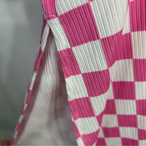 Freckled Poppy Neon Pink Checkered Pattern Ribbed Knit Short Sleeve Top Sz L - Picture 5 of 11